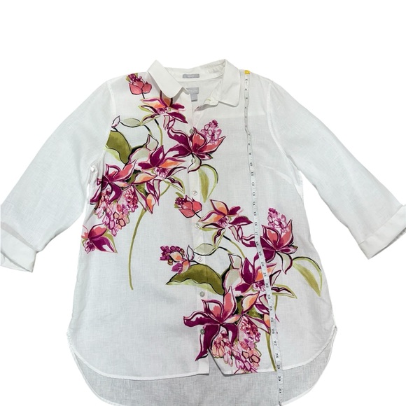 Chico’s Womens 100% Linen Blouse Size 2 US Sz 12 White Pink Floral Print No Iron - Picture 2 of 6